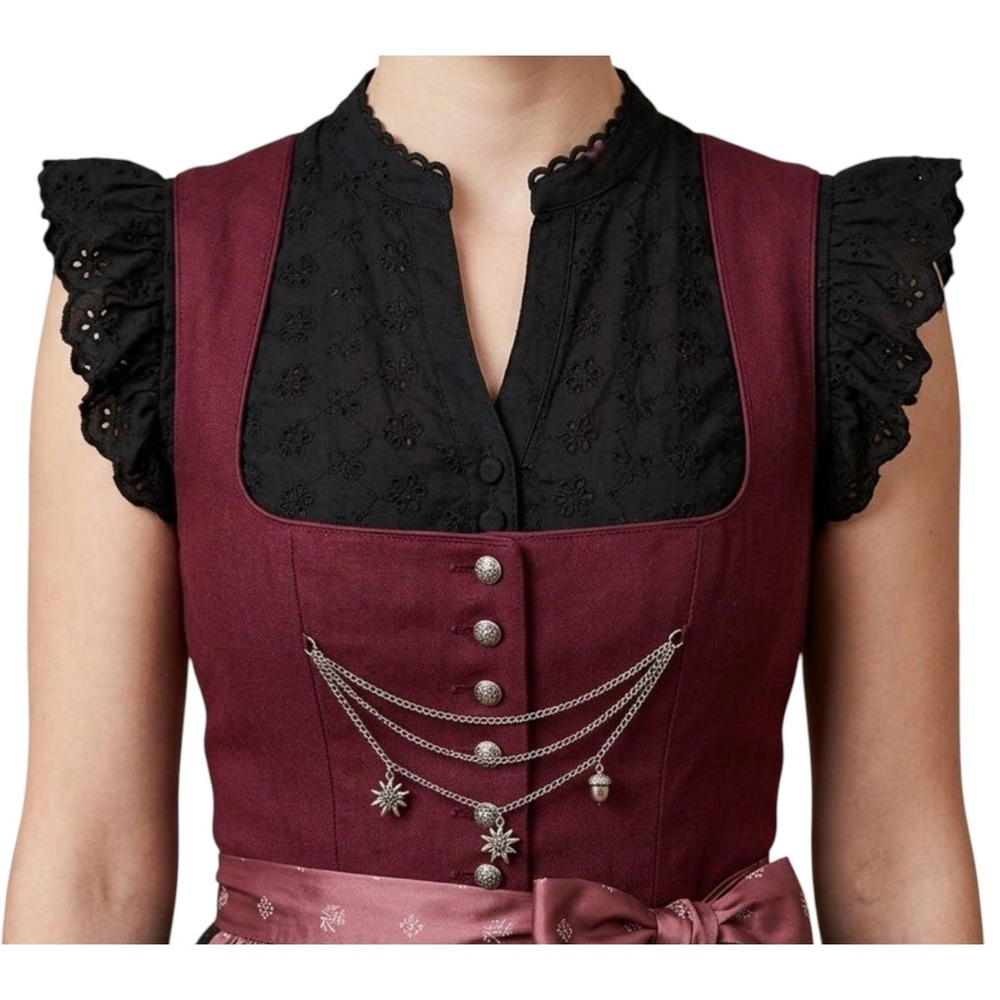 New Medium Black Ruffle Sleeve Seersucker Dirndl Oktoberfest Top V Neck Blouse